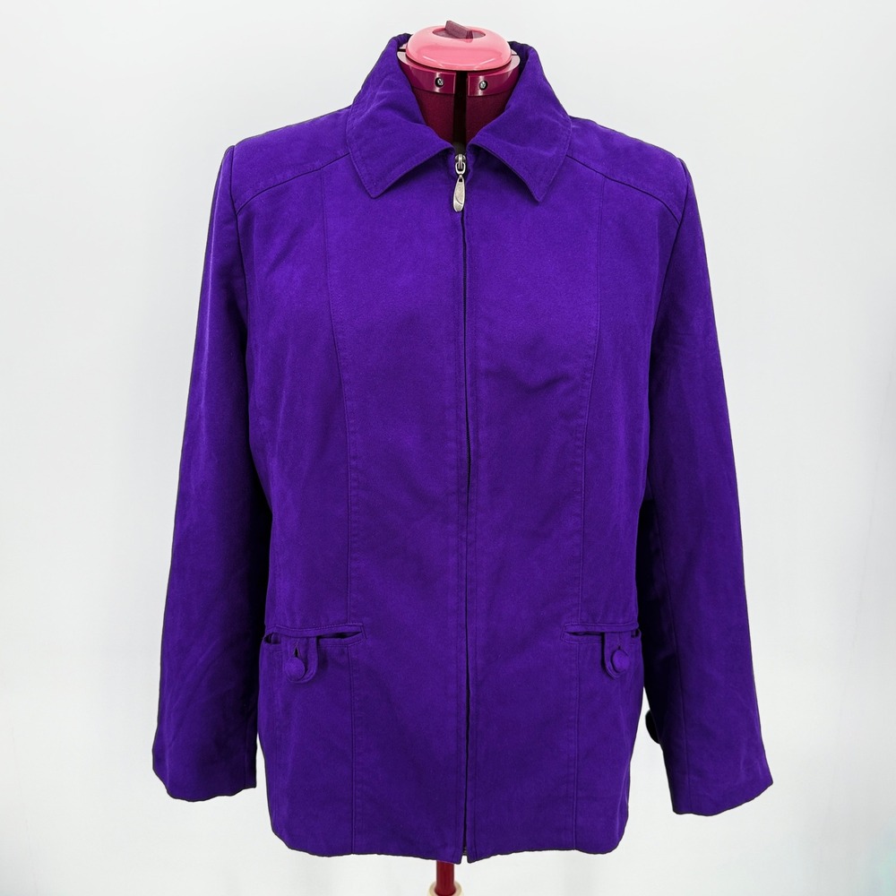TanJay 16 Faux Suede Dark Purple Padded Shoulders Button Tab Collared Zip Jacket
